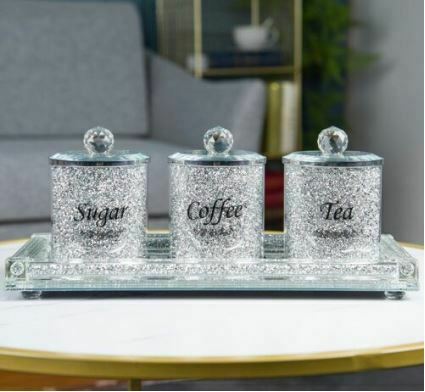 Crushed Diamond Crystal Filled Tea Coffee Sugar Jars Silver