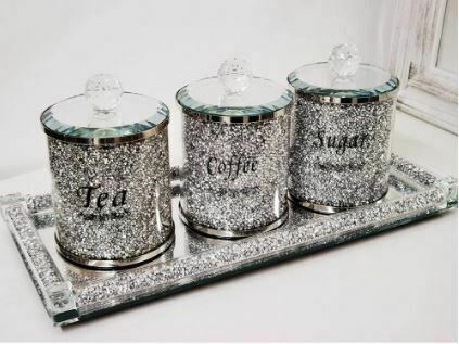 Crushed Diamond Crystal Filled Tea Coffee Sugar Jars Silver